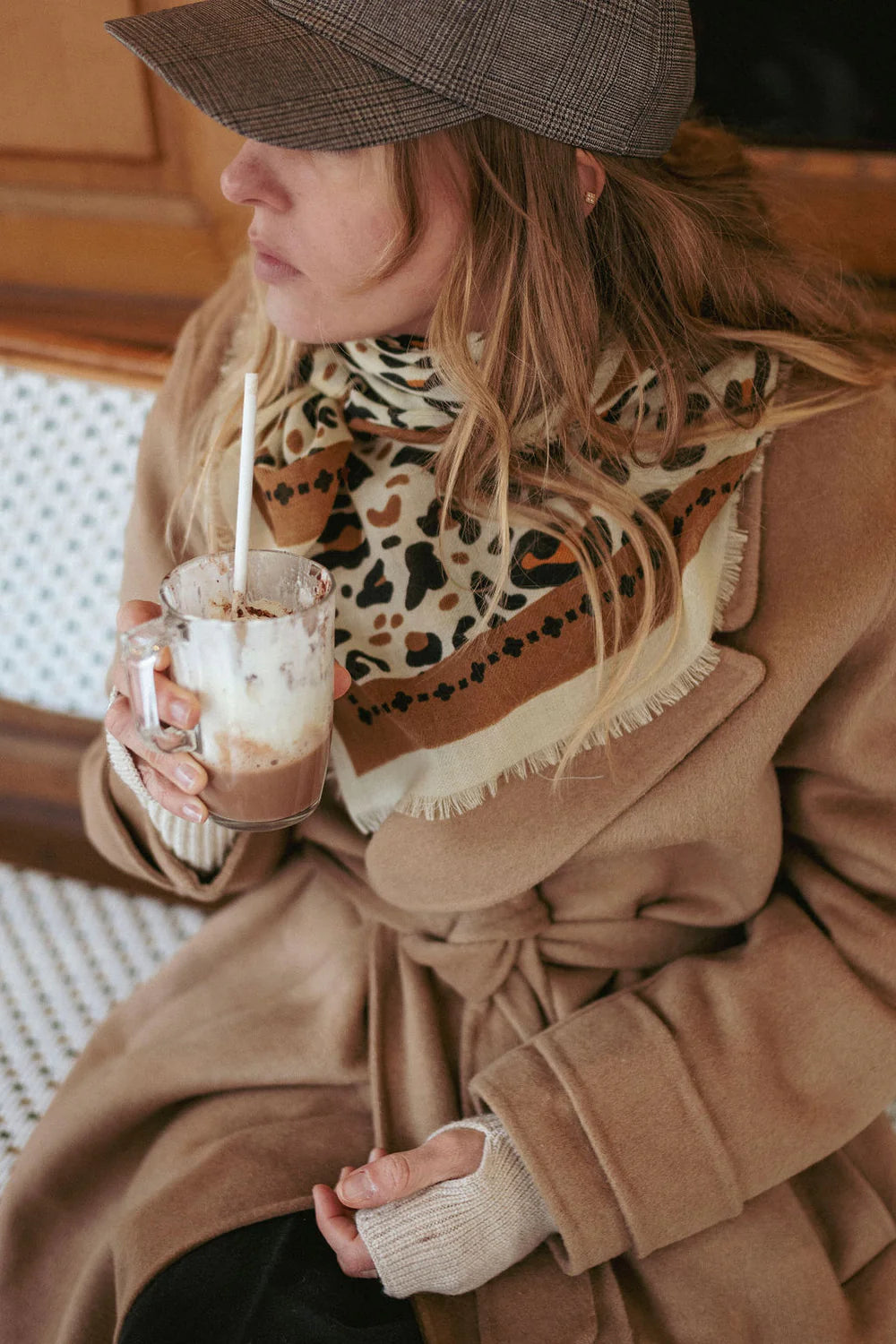 Large Foulard léo beige camel LS